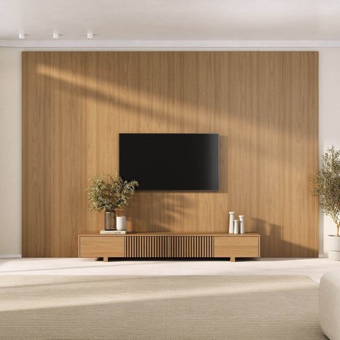Rack Ripado com Painel TV até 86 Polegadas Planejado 360x230cm Aruá CabeCasa MadeiraOriginals Marrom Jatobá