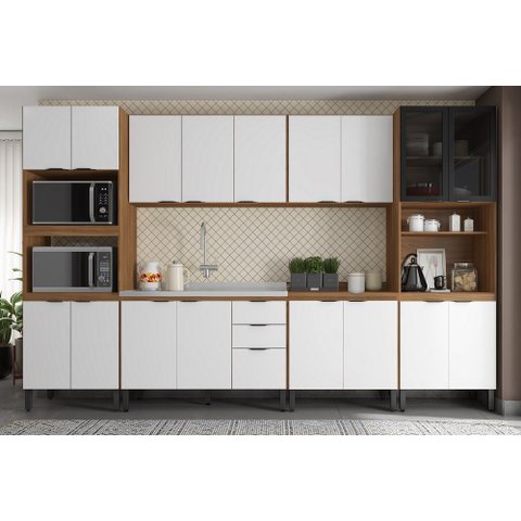 Cozinha Modulada 340m Firenze com Balcão 120m P/ Pia sem Tampo - Amêndola Touch/ Branco Demóbile