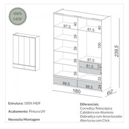 Guarda-roupa 4 Portas de Giro com Click Freijó Off White Dalla Costa - 5