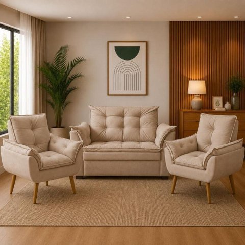 Sofá 2 Lugares e 2 Poltrona Decorativa para Sala de Estar Suede Capuccino