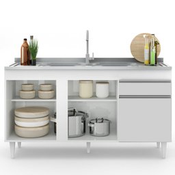 Balcão Gabinete com Pia Inox 150cm 3 Portas 1 Gaveta Dakota Branco - Lumil Lumil Móveis - 3