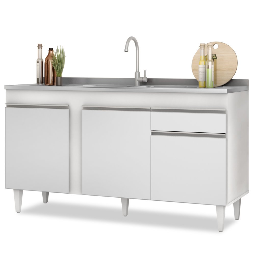 Balcão Gabinete com Pia Inox 150cm 3 Portas 1 Gaveta Dakota Branco - Lumil Lumil Móveis - 1