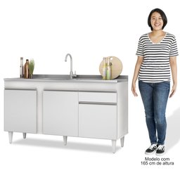 Balcão Gabinete com Pia Inox 150cm 3 Portas 1 Gaveta Dakota Branco - Lumil Lumil Móveis - 5