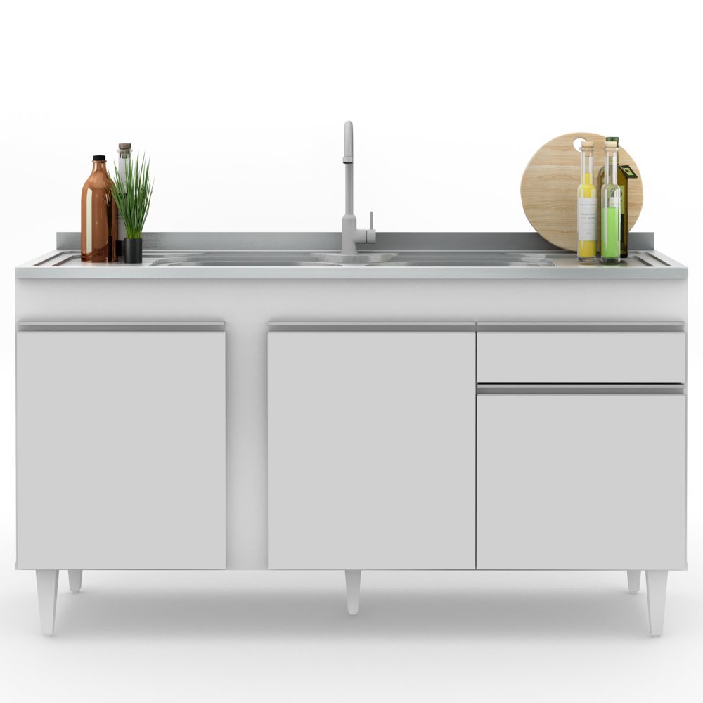 Balcão Gabinete com Pia Inox 150cm 3 Portas 1 Gaveta Dakota Branco - Lumil Lumil Móveis - 9