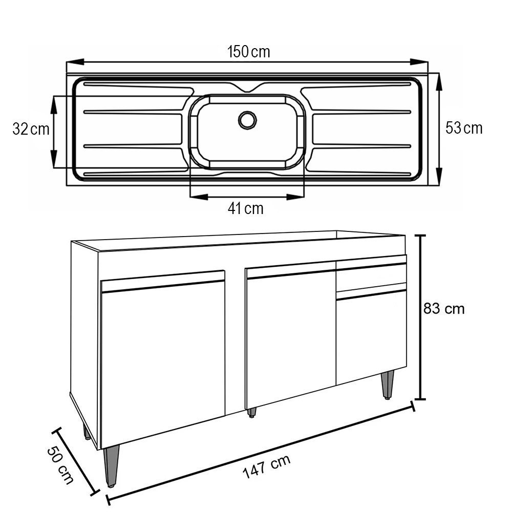 Balcão Gabinete com Pia Inox 150cm 3 Portas 1 Gaveta Dakota Branco - Lumil Lumil Móveis - 4