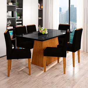 Conjunto Mesa de Jantar Bárbara 1,60m Tampo de Madeira com Vidro Colado com 6 Cadeiras Ana Ypê