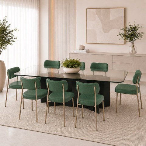 Kit 8 Cadeiras Sala de Jantar Lisa Pés Champanhe PU Verde m² - Monari Design