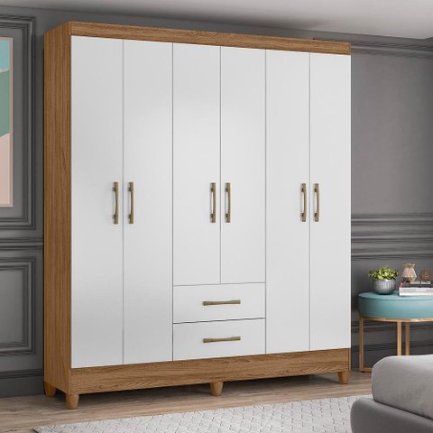 Guarda Roupa Casal 6 portas e 2 gavetas Panamá - Naturale / Branco