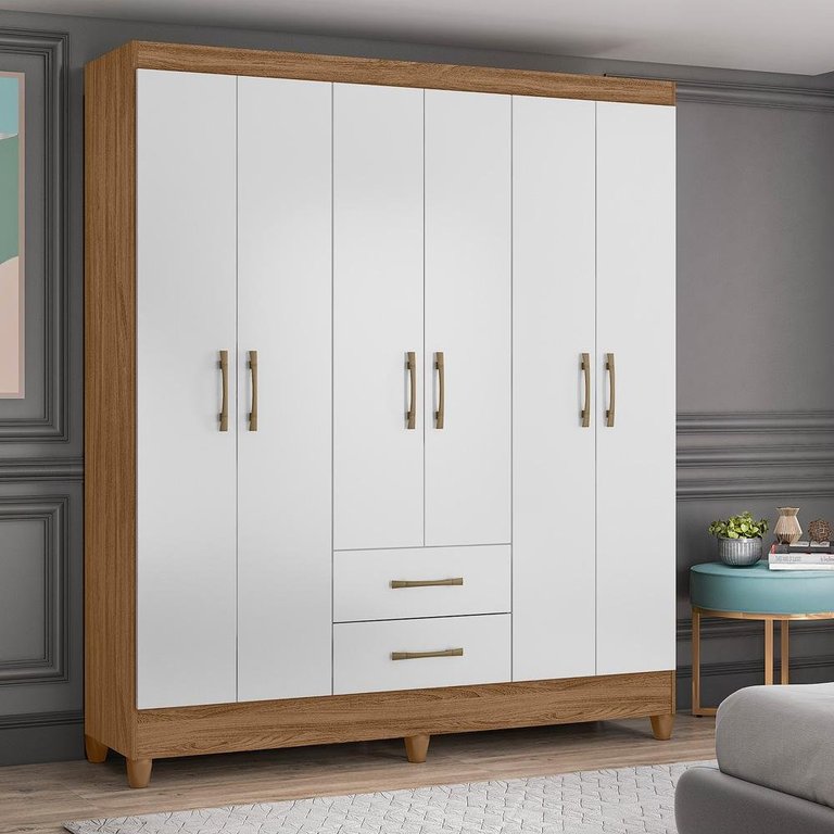 Guarda Roupa Casal 6 portas e 2 gavetas Panamá - Naturale / Branco