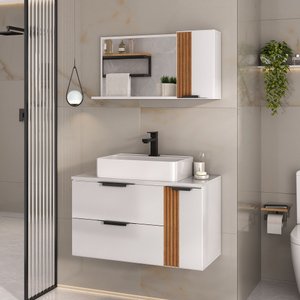 Gabinete Banheiro Ripado Dolphin 80cm (gabinete+cuba+espelheira+tampo Vidro) Branco Inteiro