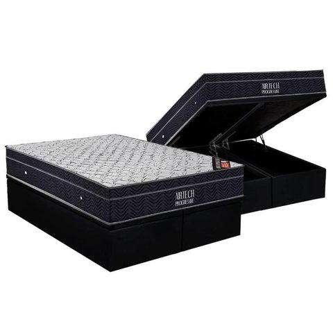 Cama Box Baú Queen: Colchão Molas Ortobom Nanolastic Airtech Progressive + Base CRC Suede Black(158x