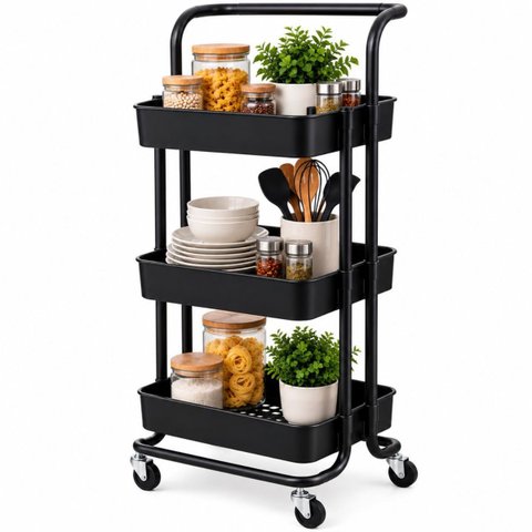 Rack Organizador Multiuso 3 Andares com Rodinhas Preto Banheiro Cozinha Área de Serviço