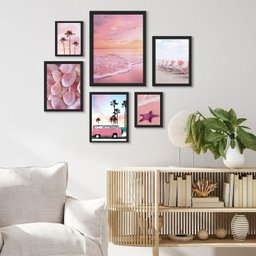 Kit Composição 6 Quadros Praia Cor de Rosa - com Vidro:madeira Preta - 1 Kit Composição 6 Quadros Praia Cor de Rosa - com Vidro:madeira Preta - 1