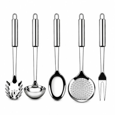 Kit 5 Utensílios de Cozinha em Aço Inox com Cabos Longos e Argola para Pendurar Inox Aquilae
