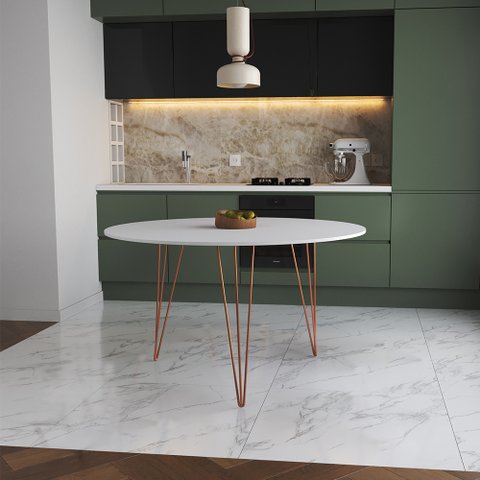 Mesa de Jantar Redonda 110cm Branca Clips 3 Pés Base Cobre