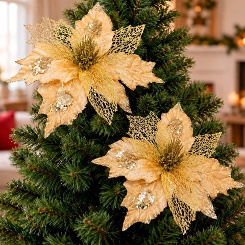 Flores Artificial Dourada Enfeite Natal Decoração 25cm 8 Peças