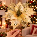 Ver imagem 2 de Flores Artificial Dourada Enfeite Natal Decoração 25cm 8 Peças