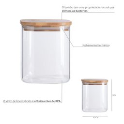 Pote de Vidro com Tampa de Bambu Oikos 200ml Hermético Quadrado - 2