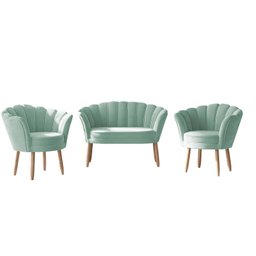 Kit 02 Poltronas Decorativas e Namoradeira Sofá Pétala Luxo Veludo Azul Acqua Pés Palito - Visan Est - 2