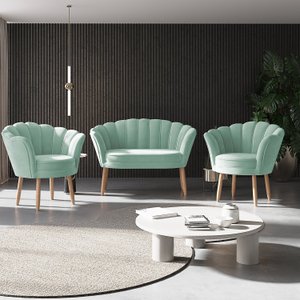 Kit 02 Poltronas Decorativas e Namoradeira Sofá Pétala Luxo Veludo Azul Acqua Pés Palito - Visan Est