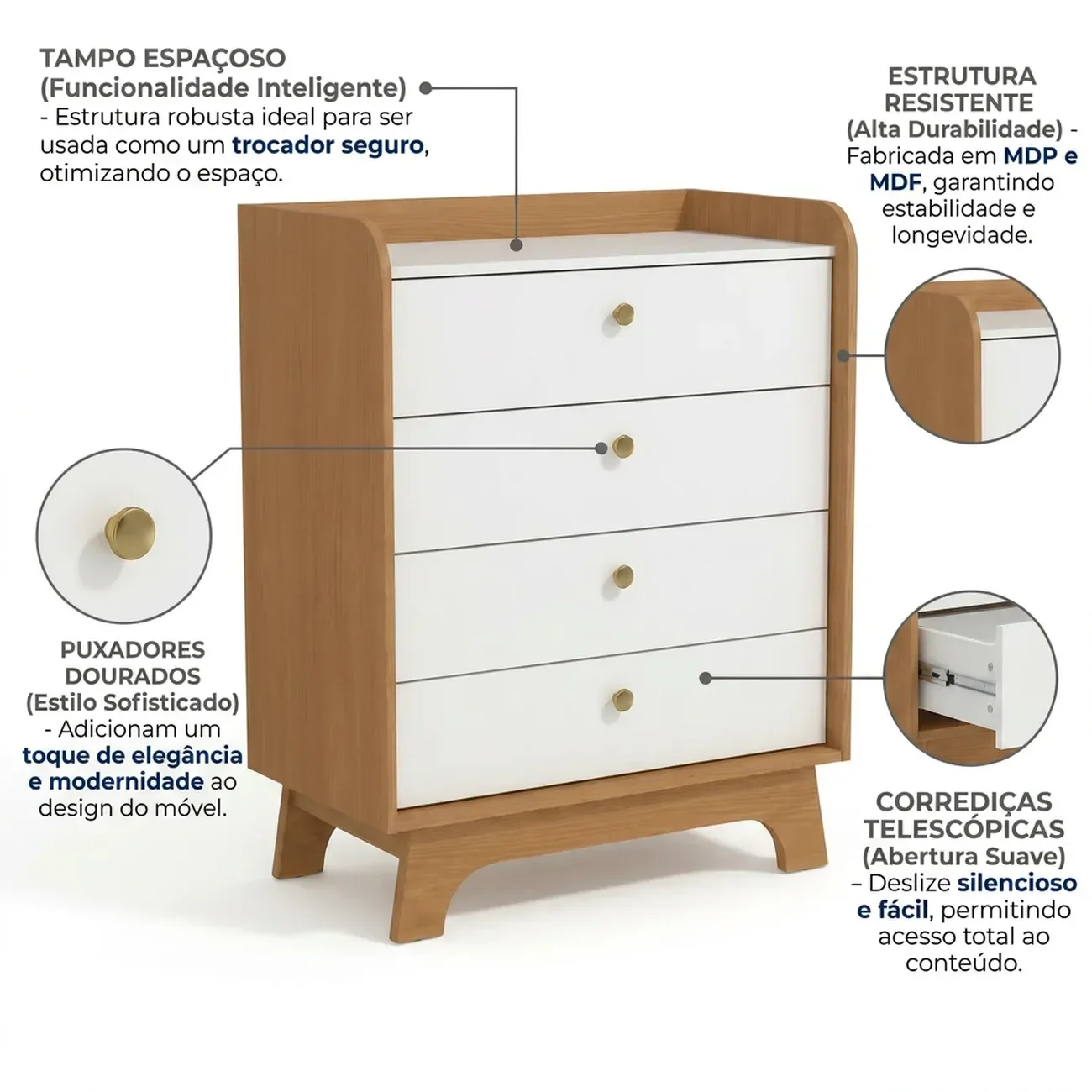 Ver imagem 4 de Cômoda Infantil 4 Gavetas Encanto 100 x 81cm Canela/Branco