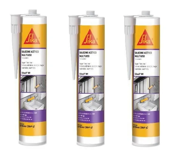KIT 3 ADESIVO SILICONE ACETICO ANTIFUNGO SIKASIL 106 BR TRANSPARENTE 270ML / 265G - 1