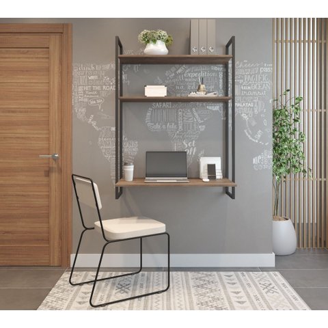 Escrivaninha Suspensa com Duas Prateleiras Castanho Home Office Escritorio Estudos