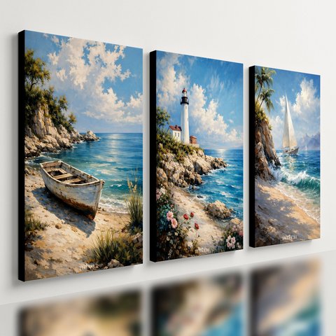 Kit 3 Quadro Decorativo Farol Veleiro Mar Praia Barco Casa Qualidade Premium Moderno 28x20cm