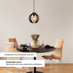 Luminária Lustre Pendente Vazado Aletado Mdf Madeira Rústico Cor:café - 4