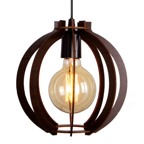 Luminária Lustre Pendente Vazado Aletado Mdf Madeira Rústico Cor:café