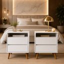 Ver imagem 1 de Kit Mesa de Cabeceira 70 cm Altura Quarto Casal Pés Palito Brilhante Branco