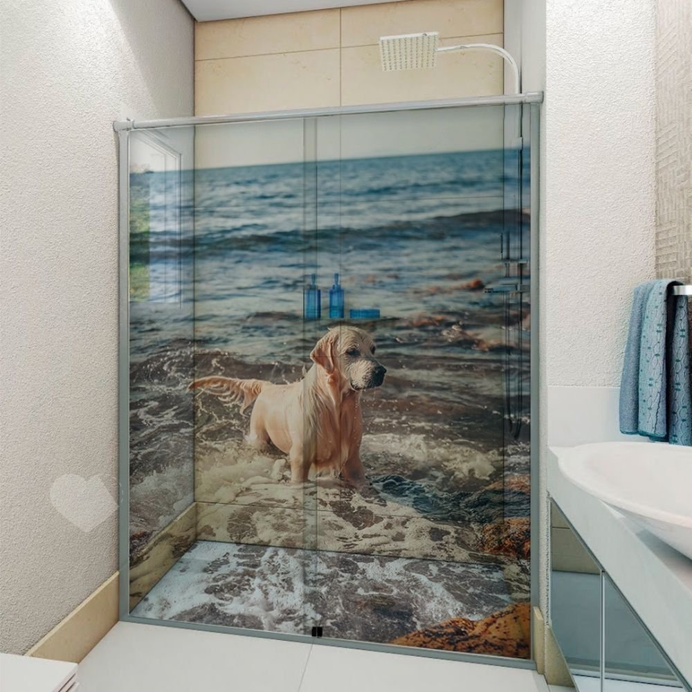 Adesivo para Box de Banheiro 3d Cachorro no Mar Largura Total até 120cm - 1