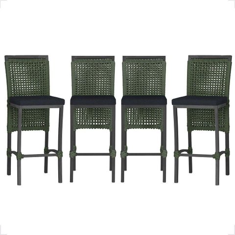 4 Banqueta em Alumínio Roma Preta Corda Náutica Tecido 12 Verde