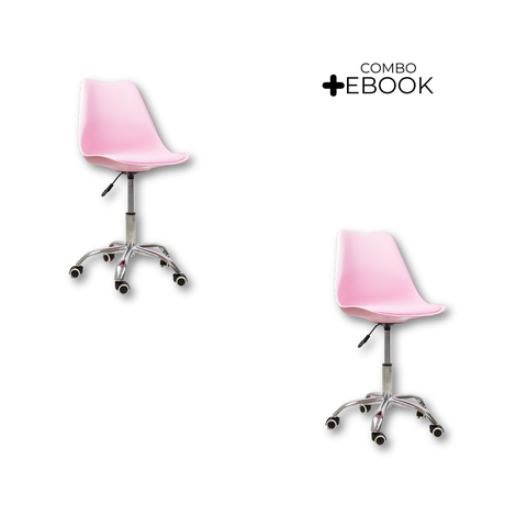 Kit 2 Cadeiras Office Base Cromada com Rodizio Giratória Saarinen Rosa + E-book