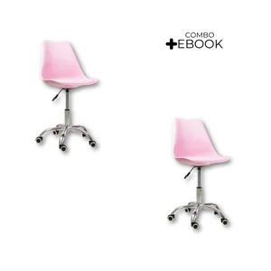 Kit 2 Cadeiras Office Base Cromada com Rodizio Giratória Saarinen Rosa + E-book