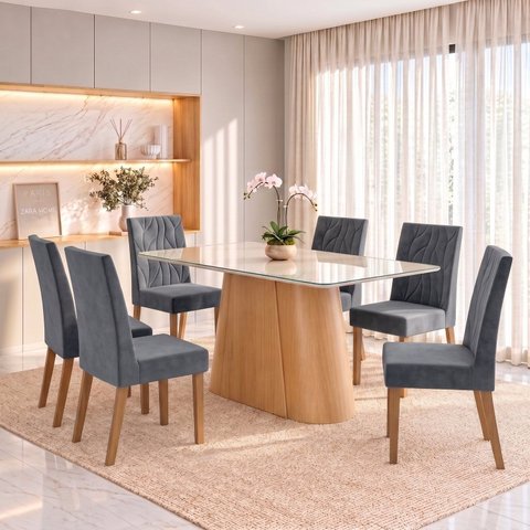 Conjunto Sala de Jantar Mesa Olivia 160cm Tampo MDF e Vidro Canto Arredondado 6 Cadeiras Flavia