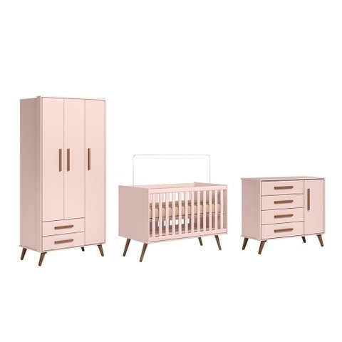 Berço Mini Cama + Guarda Roupa Infantil 3 Portas + Comoda Sapateira Retro - Rosa