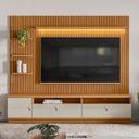 Ver imagem 1 de Estante para Tv até 75 Polegadas Ouro Preto 1 Porta com Led Nature/off White - Linea Brasil