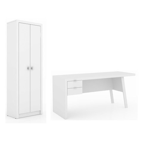 Escritório com Mesa para Computador 2 Gavetas com Armário 2 Portas Branco - Fdecor