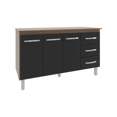 Armário Cozinha Gabinete de Pia 160 Cm Estela Savana Preto e Tampo Tampão 160 Cm Mobília Decor Savan