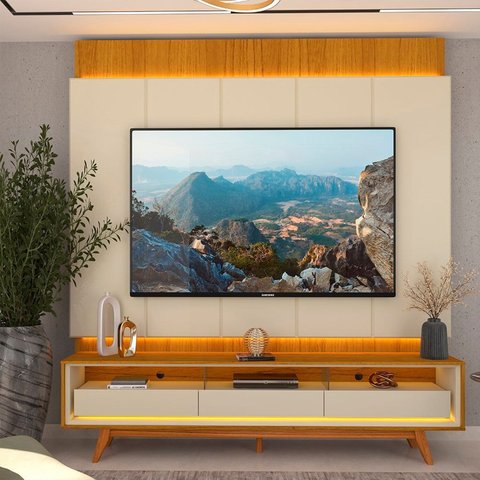 Rack com Painel para Tv 85 Polegadas 264,5cmx218cm com Led Pés em Madeira Maciça 100% Mdf Magnífico/requinte