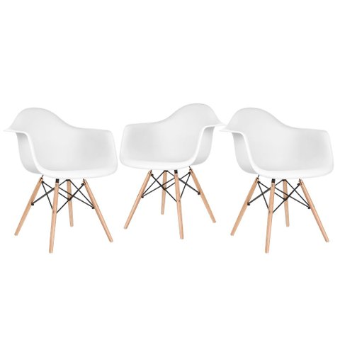 Kit 3 Cadeiras Charles Eames Eiffel Daw com Braços - Base de Madeira Clara - Branco