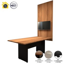 Conjunto Sala de Reunião Mesa 1,80m Painel para Tv Nogal F5 Cor:nogal com Preto - 4