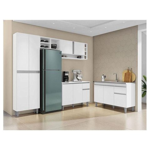 Cozinha Ambiente Vanessa e Balcão de Pia Tatiane 120 Cm Branco Brilho - Ajl