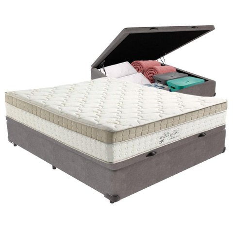 Cama Box com Baú Cinza e Colchão Casal King Best Anjos