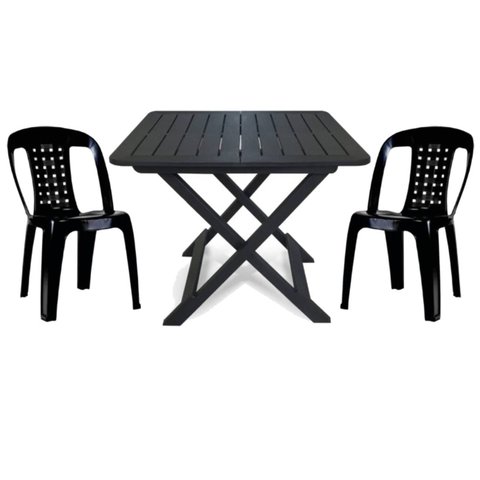 Mesa Quadrada Dobrável 80cm Preta + 2 Cadeiras com Encosto Vime Empilhável