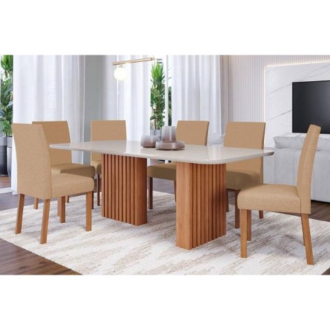 Conjunto: Mesa Sala Jantar Ester C/ Tampo Madeirado C/ Vidro 180x90cm e 6 Cadeiras Maia Nature/suede