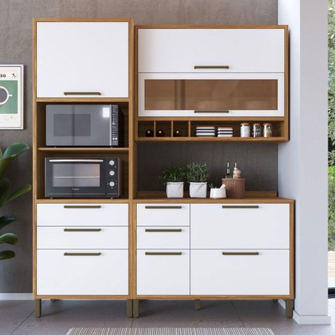 Armário de Cozinha com Balcão e Tampo 6 Portas 5 Gavetas Pérola 100% Mdf Vidro Reflecta Amêndoa/bran