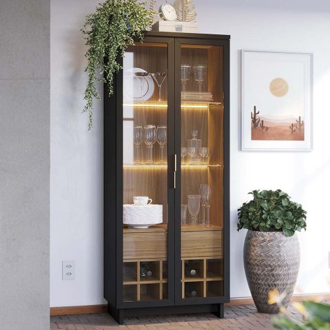 Cristaleira Decorativa com Led Tenerife Preto/noce G73 - Gran Belo