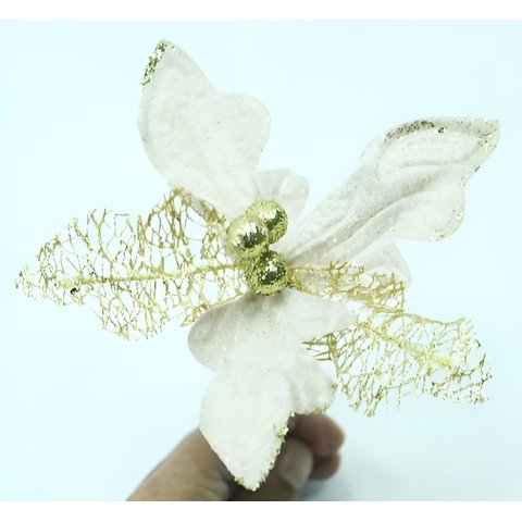 Kit 20 Flor Artificial Decoração Brilho Ouro Glitter 15cm